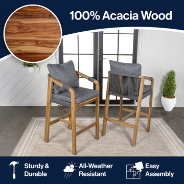 Porto Modern Coastal Tub Roped Acacia Wood Outdoor Bar Stool with Cushions and Armrests